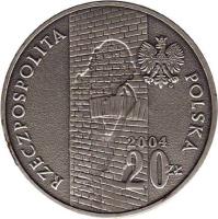 Poland coin 20 Złotych - Lodz Ghetto (2004) obverse obverse of 20 Złotych - Lodz Ghetto (2004) coin with Y# 498 from Poland. Inscription: RZECZPOSPOLITA POLSKA 2004 20ZŁ