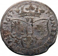 Polish–Lithuanian Commonwealth coin 6 Groszy - John II Casimir (1650 - 1667) reverse reverse of 6 Groszy - John II Casimir (1650 - 1667) coin with KM# 91 from Polish–Lithuanian Commonwealth. Inscription: VI MON ARGEN -REG POL 1657