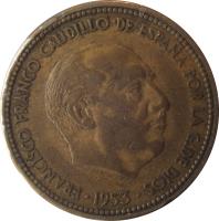 obverse of 2 1/2 Pesetas - Francisco Franco (1953) coin with KM# 785 from Spain. Inscription: FRANCISCO FRANCO CAUDILLO DE ESPAÑA POR LA G. DE DIOS 1953