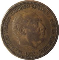 Spain coin 2 1/2 Pesetas - Francisco Franco (1953) obverse obverse of 2 1/2 Pesetas - Francisco Franco (1953) coin with KM# 785 from Spain. Inscription: FRANCISCO FRANCO CAUDILLO DE ESPAÑA POR LA G. DE DIOS 1953
