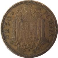 reverse of 2 1/2 Pesetas - Francisco Franco (1953) coin with KM# 785 from Spain. Inscription: 19 2'50 56 PESETAS UNA GRAN DE LIBRE PLUS ULTRA
