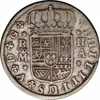 obverse of 2 Reales - Felipe V - Madrid (1716 - 1740) coin with KM# 296 from Spain. Inscription: PHILIPPUS V D G R II