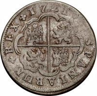 Spain coin 2 Reales - Felipe V - Madrid (1716 - 1740) reverse reverse of 2 Reales - Felipe V - Madrid (1716 - 1740) coin with KM# 296 from Spain. Inscription: 1721 HISPANIARUM REX