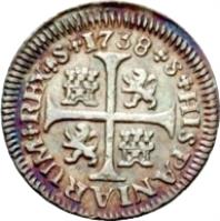 Spain coin 1/2 Real - Felipe V (1730 - 1746) reverse reverse of 1/2 Real - Felipe V (1730 - 1746) coin with KM# 350 from Spain. Inscription: 1738+S+HISPANIARUM+REX+S+