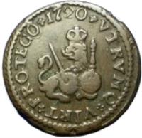 Spain coin 1 Maravedi - Felipe V (1718 - 1720) reverse reverse of 1 Maravedi - Felipe V (1718 - 1720) coin with KM# 301 from Spain. Inscription: VTRVMQ+VTRT+PROTEGO+1720+