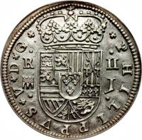 obverse of 2 Reales - Felipe V - Segovia (1716 - 1729) coin with KM# 297 from Spain. Inscription: PHILIPPVS V D G R II