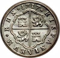 reverse of 2 Reales - Felipe V - Segovia (1716 - 1729) coin with KM# 297 from Spain. Inscription: 1717 HISPANIARVM REX