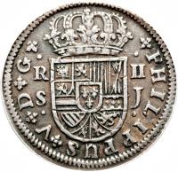 obverse of 2 Reales - Felipe V (1718 - 1726) coin with KM# 307 from Spain. Inscription: PHILIPPUS V D G