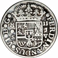 obverse of 2 Reales - Fernando VI (1754 - 1759) coin with KM# 386 from Spain. Inscription: FERDINANDUS VI D G R	II M	JB