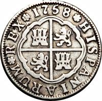 reverse of 2 Reales - Fernando VI (1754 - 1759) coin with KM# 386 from Spain. Inscription: 1758 HISPANIARUM REX