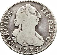 obverse of 2 Reales - Carlos III (1772 - 1788) coin with KM# 412 from Spain. Inscription: CAROLUS · III · DEI · G · · 1780 ·
