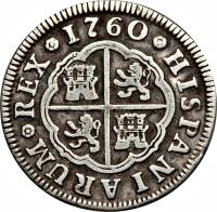 Spain coin 2 Reales - Carlos III (1759 - 1771) reverse reverse of 2 Reales - Carlos III (1759 - 1771) coin with KM# 388 from Spain. Inscription: HISPANIARUM REX 1760