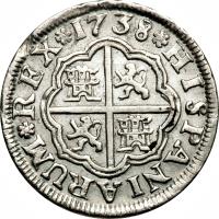 Spain coin 1 Real - Felipe V (1731 - 1745) reverse reverse of 1 Real - Felipe V (1731 - 1745) coin with KM# 354 from Spain. Inscription: *1738*HISPANIARUM*REX