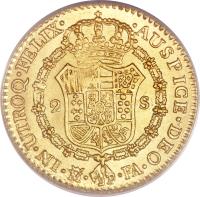 Spain coin 2 Escudos - Carlos IV (1788 - 1808) reverse reverse of 2 Escudos - Carlos IV (1788 - 1808) coin with KM# 435 from Spain. Inscription: IN · UTROQ · FELIX · · AUSPICE · DEO · M · · MF ·