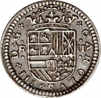 Spain coin 2 Reales - Carlos III - Pretender Coinage (1707 - 1714) obverse obverse of 2 Reales - Carlos III - Pretender Coinage (1707 - 1714) coin with KM# PT5 from Spain. Inscription: +CAROLVS+III+D+G+ R II