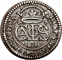 Spain coin 2 Reales - Carlos III - Pretender Coinage (1707 - 1714) reverse reverse of 2 Reales - Carlos III - Pretender Coinage (1707 - 1714) coin with KM# PT5 from Spain. Inscription: HISPANIARVM+REX+1708 · CARLOS · III ·