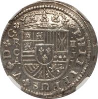 obverse of 2 Reales - Felipe V (1718 - 1726) coin with KM# 308 from Spain. Inscription: PHILIPPUS V D G R	II C	J A	J