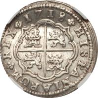 Spain coin 2 Reales - Felipe V (1718 - 1726) reverse reverse of 2 Reales - Felipe V (1718 - 1726) coin with KM# 308 from Spain. Inscription: 1721 HISPANIARUM REX