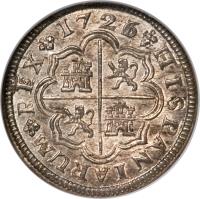 Spain coin 1 Real - Felipe V (1717 - 1745) reverse reverse of 1 Real - Felipe V (1717 - 1745) coin with KM# 298 from Spain. Inscription: 1726 HISPANIARUM REX