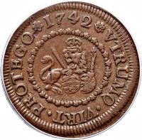 Spain coin 4 Maravedis - Felipe V (1741 - 1744) reverse reverse of 4 Maravedis - Felipe V (1741 - 1744) coin with KM# 365 from Spain. Inscription: VTRUNQ+VIRT+PROTEGO+1742+