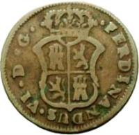 obverse of 1 Ardite - Fernando VI - Crosses and stripes (1754 - 1755) coin from Spain. Inscription: FERDINANDUS · VI · D · G ·