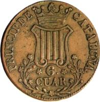 reverse of 6 Cuartos - Isabel II (1836 - 1848) coin with KM# 128 from Spain. Inscription: PRINCIP.DE CATALUÑA · 6. CUAR