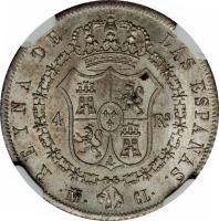 reverse of 4 Reales - Isabel II (1837 - 1849) coin with KM# 519 from Spain. Inscription: REYNA DE LAS ESPAÑAS 4 RS M CL