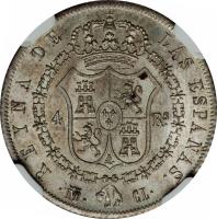 Spain coin 4 Reales - Isabel II (1837 - 1849) reverse reverse of 4 Reales - Isabel II (1837 - 1849) coin with KM# 519 from Spain. Inscription: REYNA DE LAS ESPAÑAS 4 RS M CL