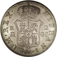 reverse of 2 Reales - Fernando VII (1810 - 1833) coin with KM# 460 from Spain. Inscription: H I S P A N I A R U M · R E X · R 2 C CI