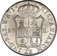 Spain coin 20 Reales - Joseph I (1808 - 1813) reverse reverse of 20 Reales - Joseph I (1808 - 1813) coin with KM# 551 from Spain. Inscription: HISPANIARUM ET IND.REX.M.A.I. 20 R.