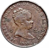 obverse of 4 Maravedis - Isabel II (1837 - 1855) coin with KM# 530 from Spain. Inscription: ISABEL 2 POR LA G-DE DIOS Y LA CONST 4 M. -1846-