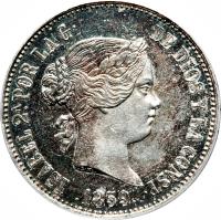 obverse of 10 Reales - Isabel II (1857 - 1864) coin with KM# 611 from Spain. Inscription: ISABEL 2ª POR LA G DE DIOS Y LA CONST 1860