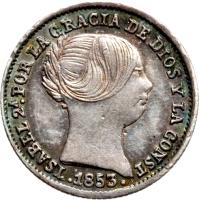obverse of 1 Real - Isabel II (1852 - 1855) coin with KM# 598 from Spain. Inscription: ISABEL 2'. POR LA GRACIA DE DIOS Y LA CONST .1853.