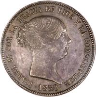 Spain coin 20 Reales - Isabel II (1850) obverse obverse of 20 Reales - Isabel II (1850) coin with KM# 592 from Spain. Inscription: ISABEL 2A. POR LA GRACIA DE DIOS Y LA CONSTITUCION · 1850 ·