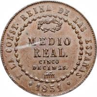 reverse of 1/2 Real - Isabel II (1848 - 1853) coin with KM# 591 from Spain. Inscription: Y LA CONST · REINA DE LAS ESPAÑAS MEDIO REAL. CINCO DECIMAS. * 1851 *