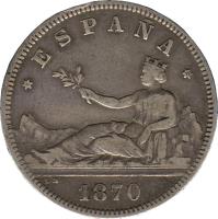 obverse of 2 Pesetas - Provisional Government (1869 - 1870) coin with KM# 654 from Spain. Inscription: *ESPAÑA* L · M · 1870