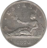 Spain coin 5 Pesetas - Provisional Government (1869 - 1870) obverse obverse of 5 Pesetas - Provisional Government (1869 - 1870) coin with KM# 655 from Spain. Inscription: *ESPAÑA* L · M · 1870