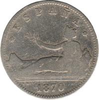 obverse of 1 Peseta - Provisional Government (1869 - 1870) coin with KM# 653 from Spain. Inscription: *ESPAÑA* L · M · 1870
