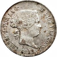 obverse of 1 Escudo - Isabel II (1864 - 1868) coin with KM# 626 from Spain. Inscription: ISABEL 2 POR LA G · DE DIOS Y LA CONST · .1867.