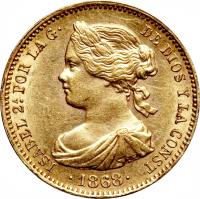 obverse of 10 Escudos - Isabel II (1865 - 1868) coin with KM# 636 from Spain. Inscription: ISABEL 2A. POR LA G · DE DIOS Y LA CONST · 1868 ·