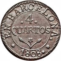 Spain coin 4 Quartos - Joseph I (1808 - 1814) reverse reverse of 4 Quartos - Joseph I (1808 - 1814) coin with KM# 67 from Spain. Inscription: EN BARCELONA 4 QUARTOS 1808