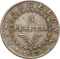 reverse of 5 Pesetas - Joseph I (1808 - 1814) coin with KM# 69 from Spain. Inscription: BARCELONA 5. PESETAS 1813