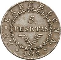 Spain coin 5 Pesetas - Joseph I (1808 - 1814) reverse reverse of 5 Pesetas - Joseph I (1808 - 1814) coin with KM# 69 from Spain. Inscription: BARCELONA 5. PESETAS 1813