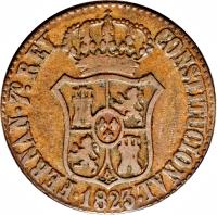obverse of 3 Quartos - Fernando VII (1823) coin with KM# 80 from Spain. Inscription: · FERNAN · 7°. REY CONSTITUCIONAL · 1823