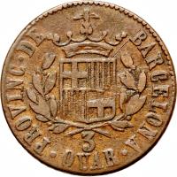 reverse of 3 Quartos - Fernando VII (1823) coin with KM# 80 from Spain. Inscription: · PROVINC · DE BARCELONA · 3 QUAR