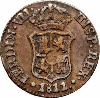 Spain coin 3 Quartos - Fernando VII (1810 - 1814) obverse obverse of 3 Quartos - Fernando VII (1810 - 1814) coin with KM# 115 from Spain. Inscription: * FERDIN · VII HISP REX · * 1813.