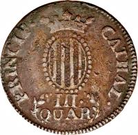 Spain coin 3 Quartos - Fernando VII (1810 - 1814) reverse reverse of 3 Quartos - Fernando VII (1810 - 1814) coin with KM# 115 from Spain. Inscription: PRINCIP · CATHAL · III · QUAR