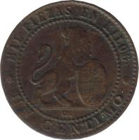 Spain coin 1 Centimo - Provisional Government (1870) reverse reverse of 1 Centimo - Provisional Government (1870) coin with KM# 660 from Spain. Inscription: MIL PIEZAS EN KILOG. OM UN CENTIMO