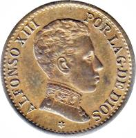 obverse of 1 Centimo - Alfonso XIII - 4'th Portrait (1906) coin with KM# 726 from Spain. Inscription: ALFONSO XIII POR LA G. DE DIOS
