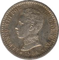 Spain coin 50 Centimos - Alfonso XIII - 4'th Portrait (1904) obverse obverse of 50 Centimos - Alfonso XIII - 4'th Portrait (1904) coin with KM# 723 from Spain. Inscription: ALFONSO XIII POR LA G DE DIOS 1904
